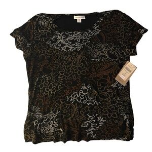 NWT Coldwater Creek Floral Abstract Brown and Black Short Sleeve Top